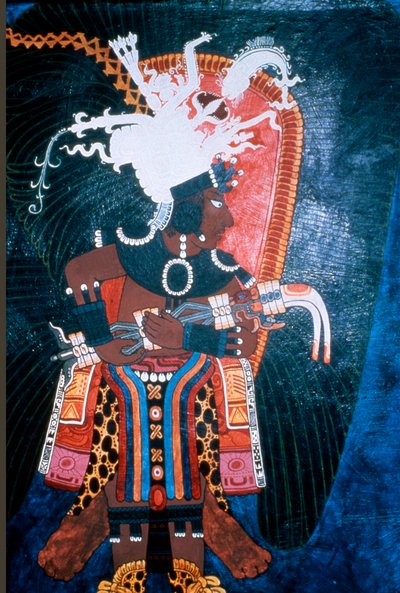 Riproduzione di un murale che mostra un sovrano vestito per una cerimonia, dal Tempio dei Murali, Bonampak da Mayan